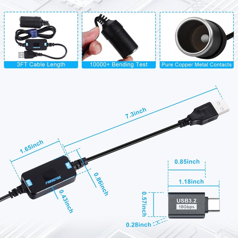 FARSENSE USB A to 12V Cigarette Lighter Adapter-USB C DC 5V to 12V Step Up Car Cigarette Lighter Socket Converter Cable（3FT Supports Voltage Display,for Dash Cam,GPS,Driving Recorder,Etc - Image 5